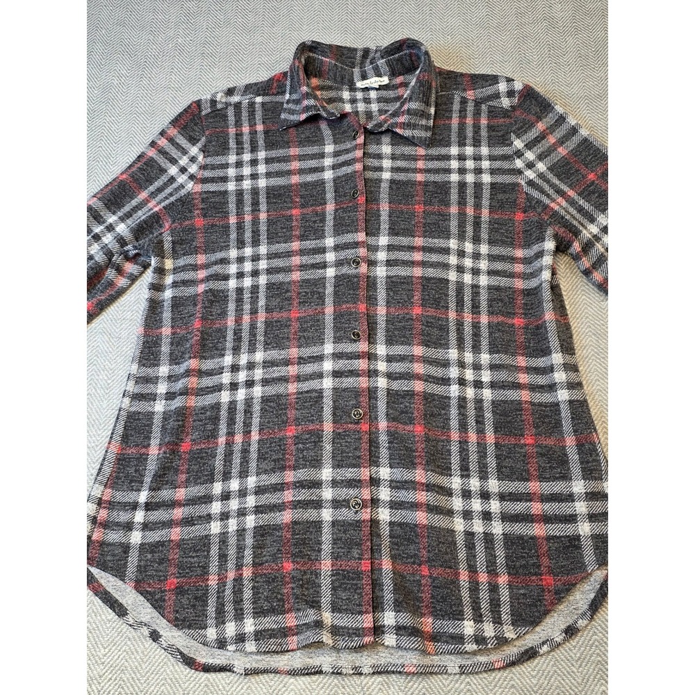 Seven Forty Two Shirt Women Small Gray Plaid Roll Tab Sleeve Collar Button Front